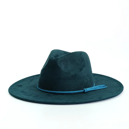 Ansoff malachite green suede fedora hat with wide brim, worn by a model, suitable for men and women in autumn and winter fashion.