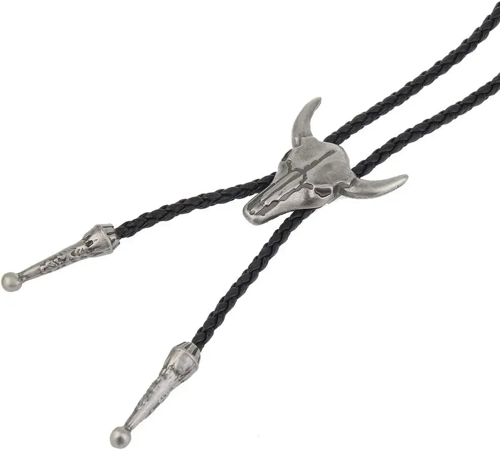 Adjustable cowboy bolo tie with bull head pendant, five-star rodeo design, faux leather cord, western western cowboy accessory by Ansoff.