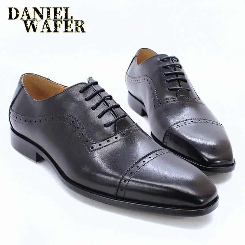 Ansoff men's black and brown genuine leather oxford shoes with brogue detailing, classic cap toe, lace-up formal dress shoes for men