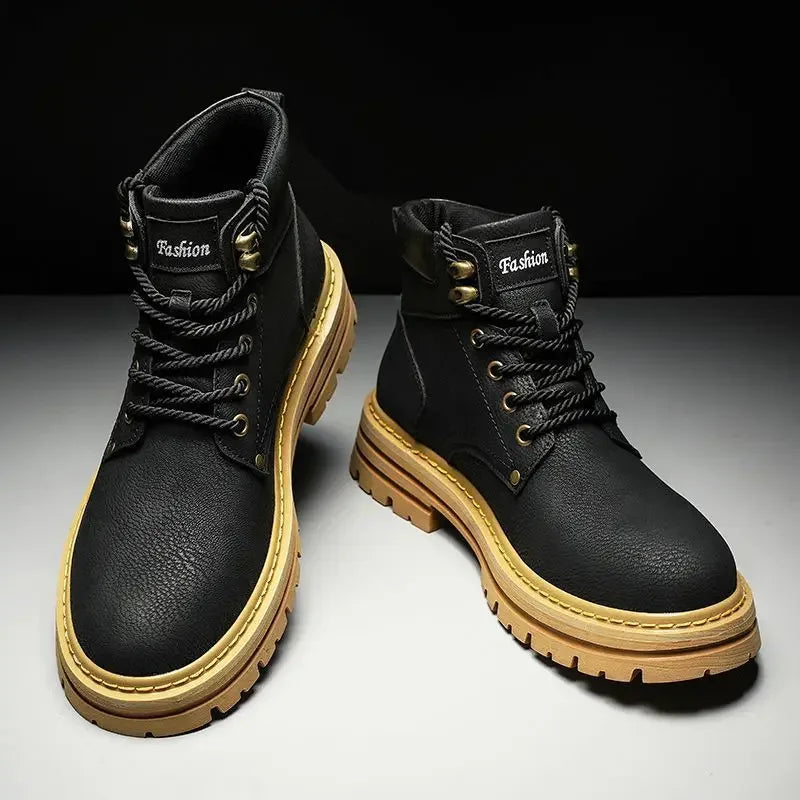 Ansoff men's leather motorcycle boots with high-top design, non-slip soles, and comfortable platform for outdoor work and casual wear.