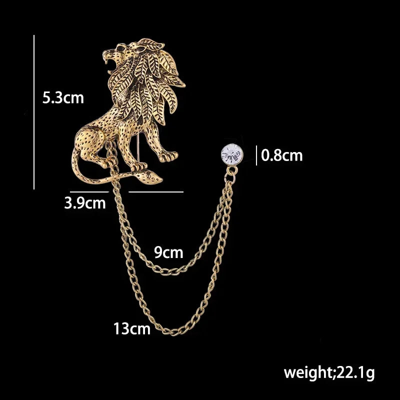 Ansoff Korean fashion crystal lion brooch with tassel chain, animal lapel pin for men's shirts, British style clothing accessory.