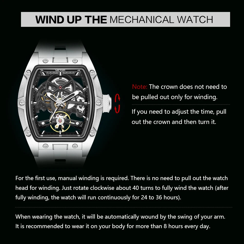 MEGIR Men's Automatic Mechanical Watch with Stainless Steel Case Silicone Band Skeleton Dial Waterproof Sport Wristwatch - Acros