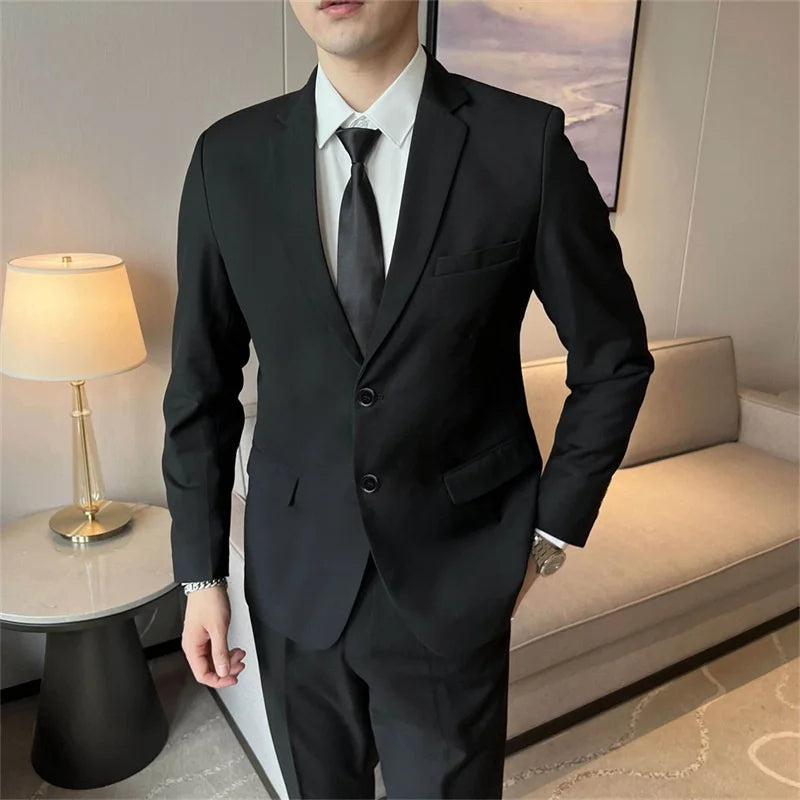 Men's casual formal suit by Ansoff, including blazer and trousers in solid color, suitable for business, weddings, and four-season wear.