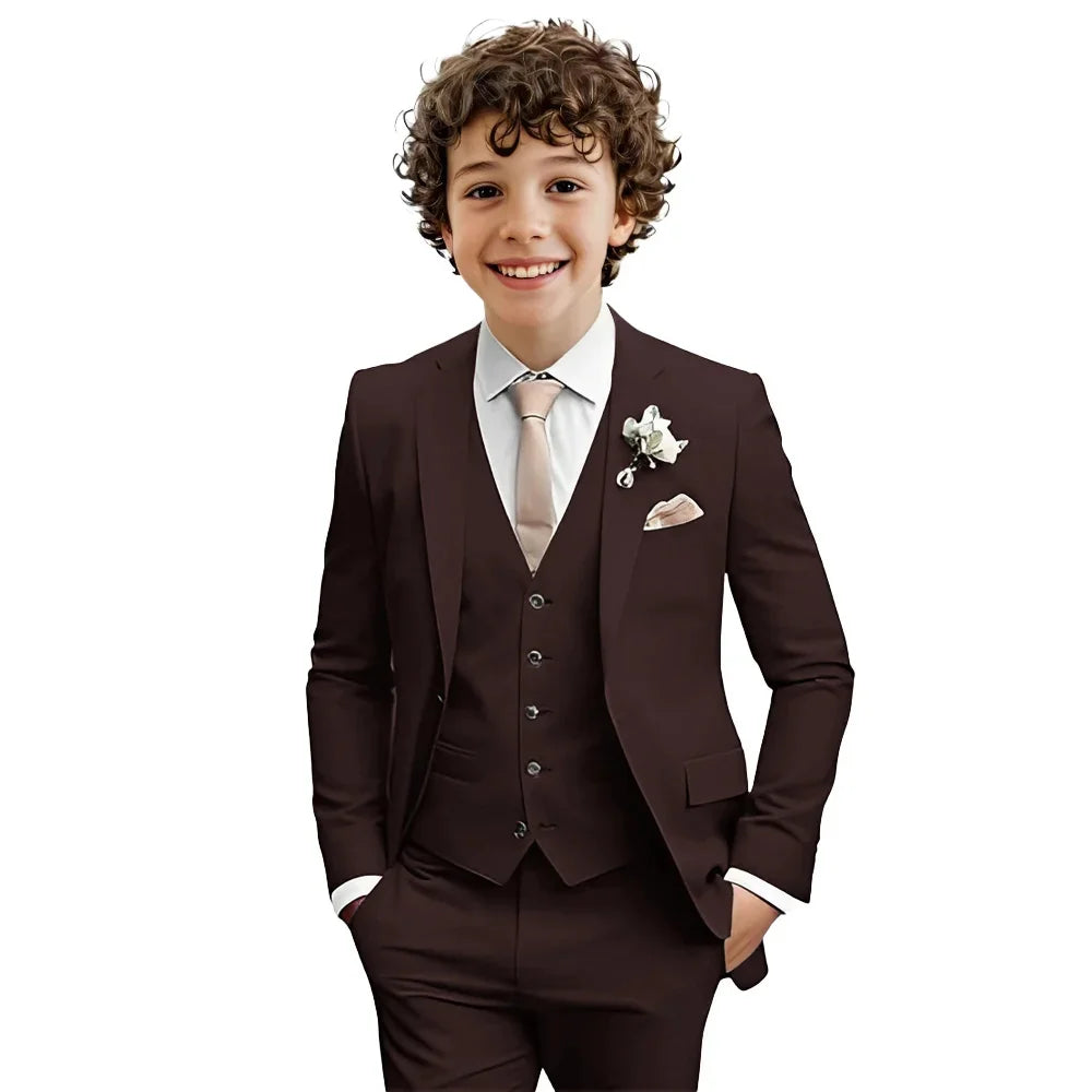 Multi-color boys' formal suit set by Ansoff, 3-piece tuxedo with notched lapel, slim fit, suitable for weddings and parties.