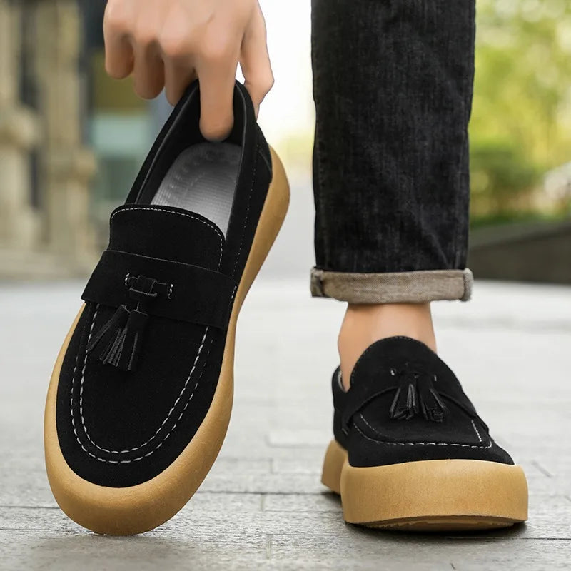 Men's casual loafers by Ansoff featuring suede, platform design, slip-on style, British-inspired luxury sneakers for driving and everyday wear