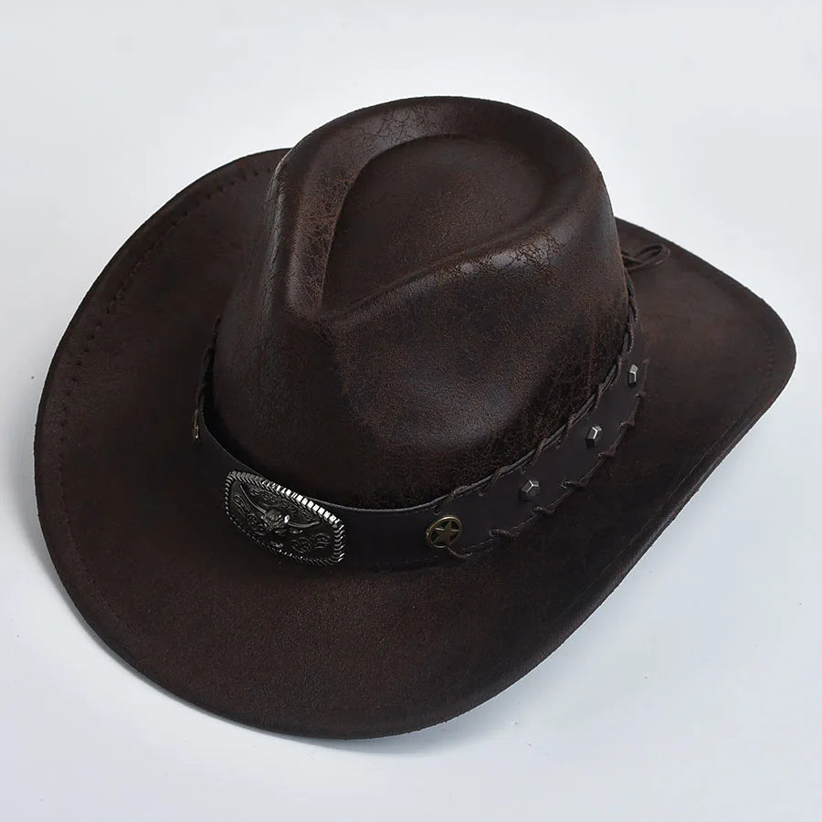 Ansoff Western cowboy hat for men and women, faux leather vintage cowboy and cowgirl costume hat with brim and decorative band.