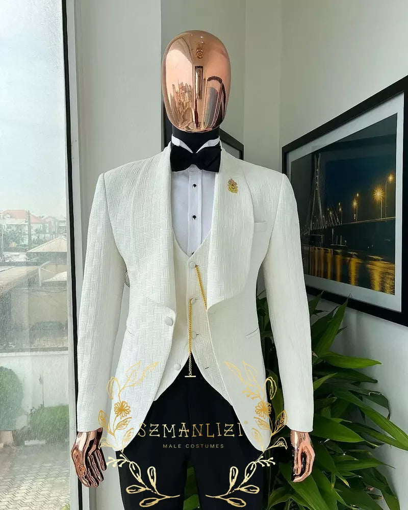 Men's white plaid blazer vest and floral pants suit set by Ansoff, tailored slim fit 3-piece formal party costume.