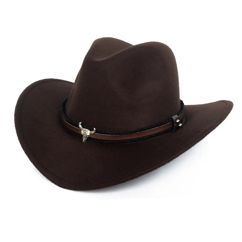 Ansoff cowboy hat with cow head details, monochrome felt, wide brim, outdoor style for men and women.