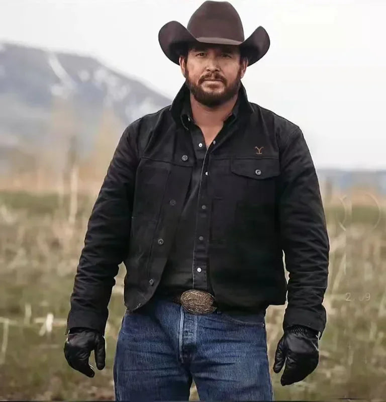 Men's black cotton denim jacket by Ansoff, 5XL cowboy-style winter jean coat with classic rugged design and button closure.
