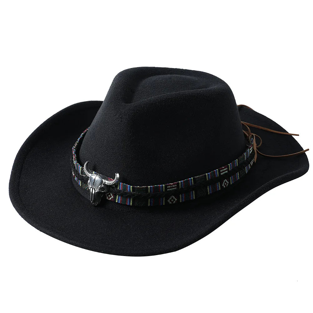 Ansoff cowboy hat with cow head design, monochrome felt, large brim, unisex outdoor knight-style hat for men and women