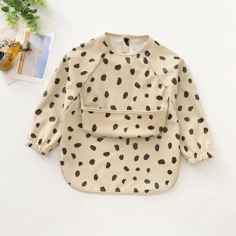 Ansoff infant feeding bibs for children with long sleeves, printed art, waterproof design, and a front pocket for messy dining.