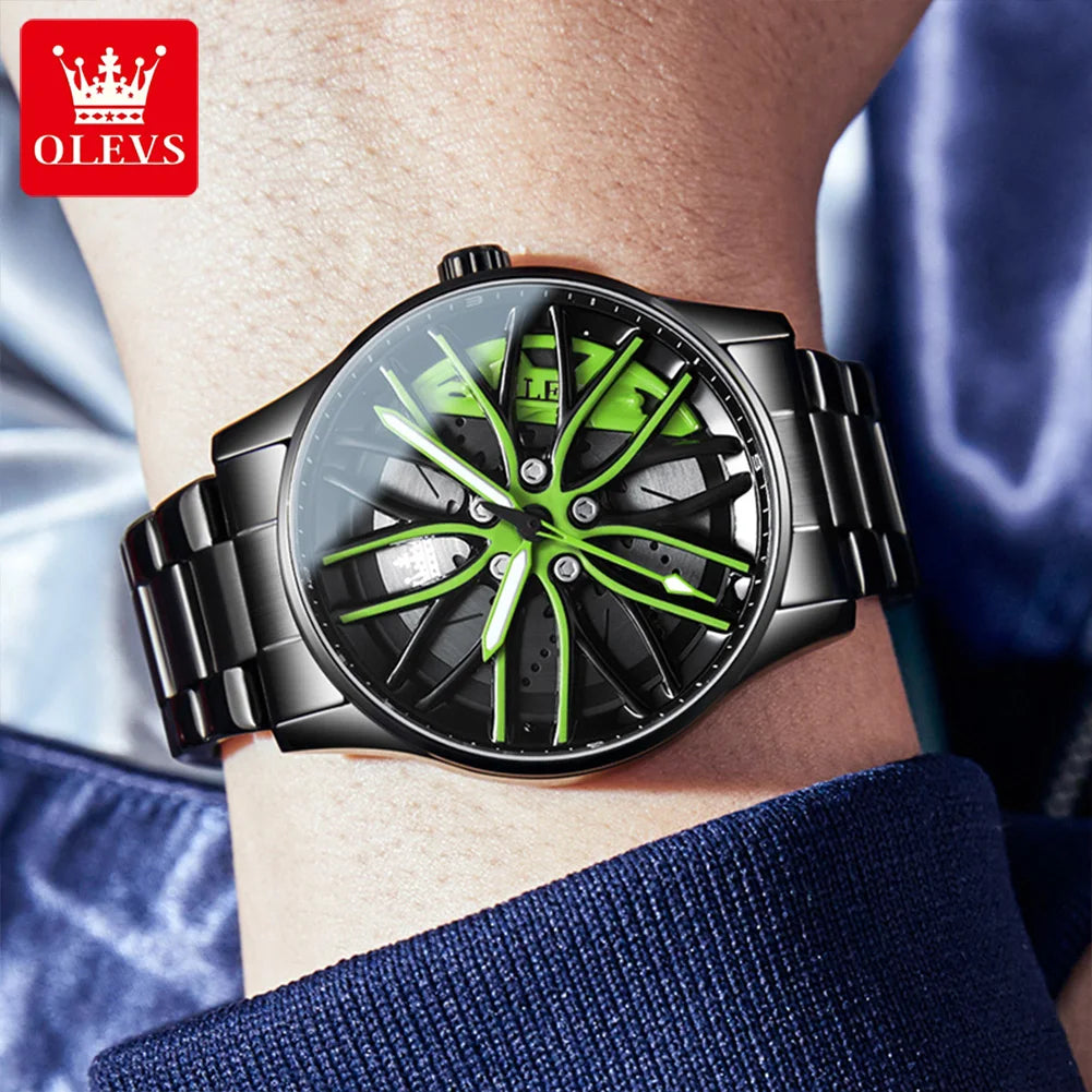 OLEVS Men Watches Rotatable Wheel Hub Dial Fashion Trend Original Quartz Wristwatch Waterproof Stainless Steel Luminous No.9937 - Acros