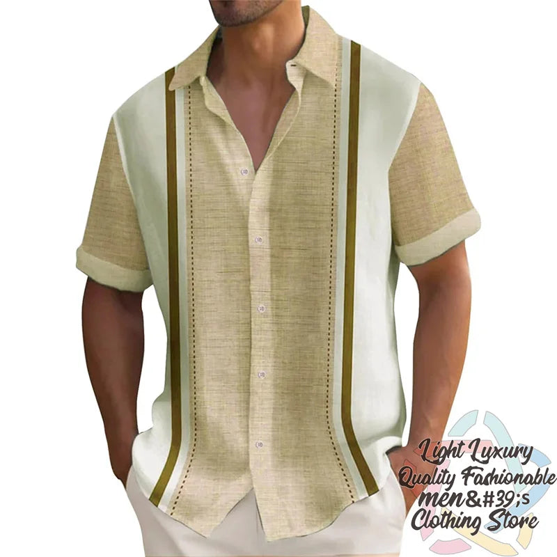 Men's summer striped linen Hawaiian shirt by Ansoff, short-sleeved casual button-up top with a relaxed fit and collar.