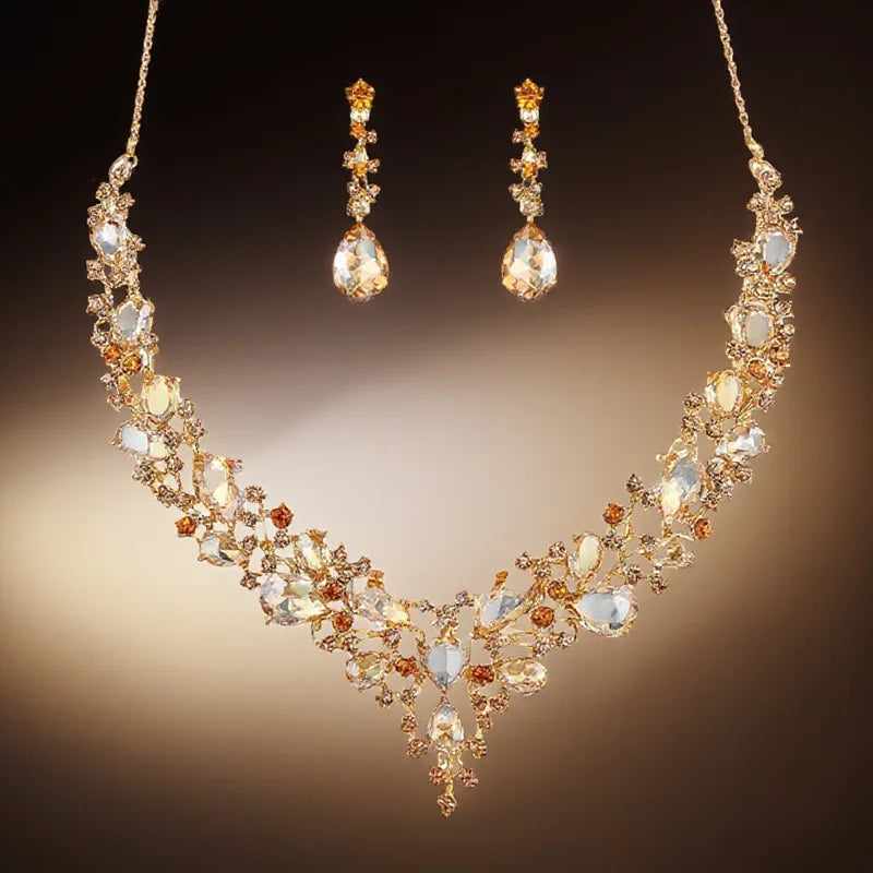 Elegant Bridal Crystal Rhinestone Necklace Earrings Set Wedding Valentine Gift Teardrop Dangle