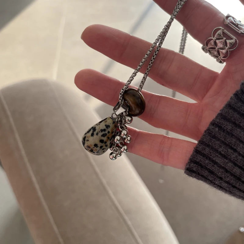 LATS Fashion Spotted Tiger Eye Stone Irregular Pendant Necklace for Women Long Chain Girls Charm Aesthetic Jewelry Accessories - Acros