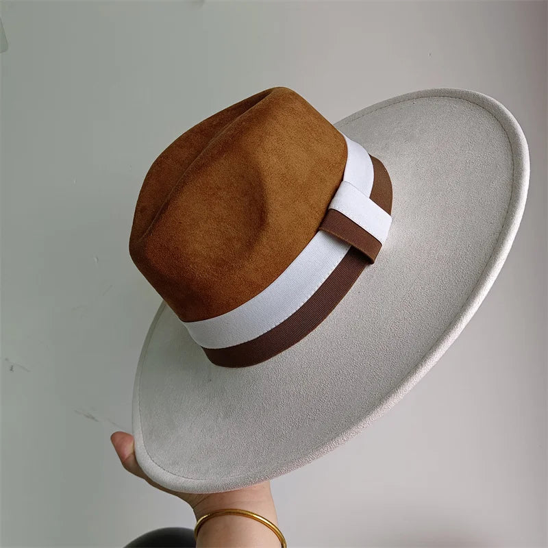 Colorblock ribbon suede women's and men's wide brim felt hat in retro British style, perfect for autumn and winter fashion.