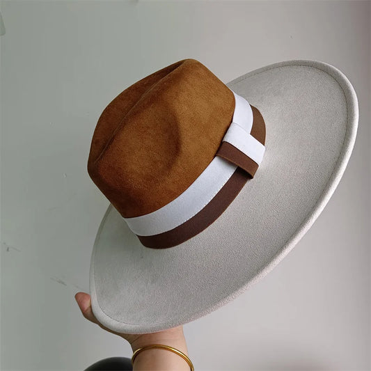 Colorblock ribbon suede women's and men's wide brim felt hat in retro British style, perfect for autumn and winter fashion.