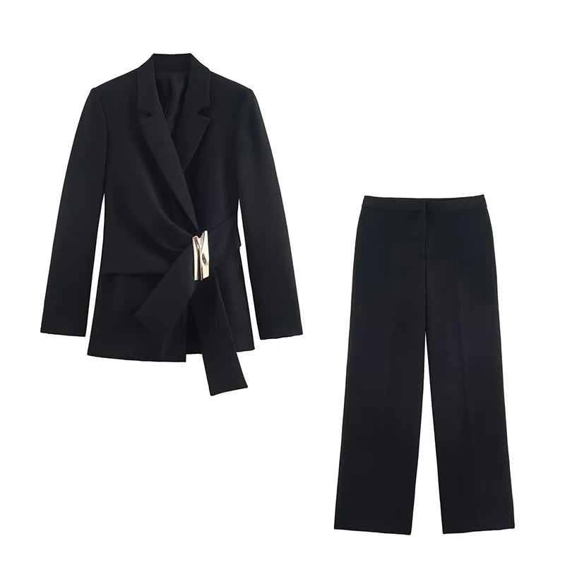Ansoff women's two-piece suit set with long sleeve blazer coat and straight-leg pants, featuring buckle decoration and chic style.