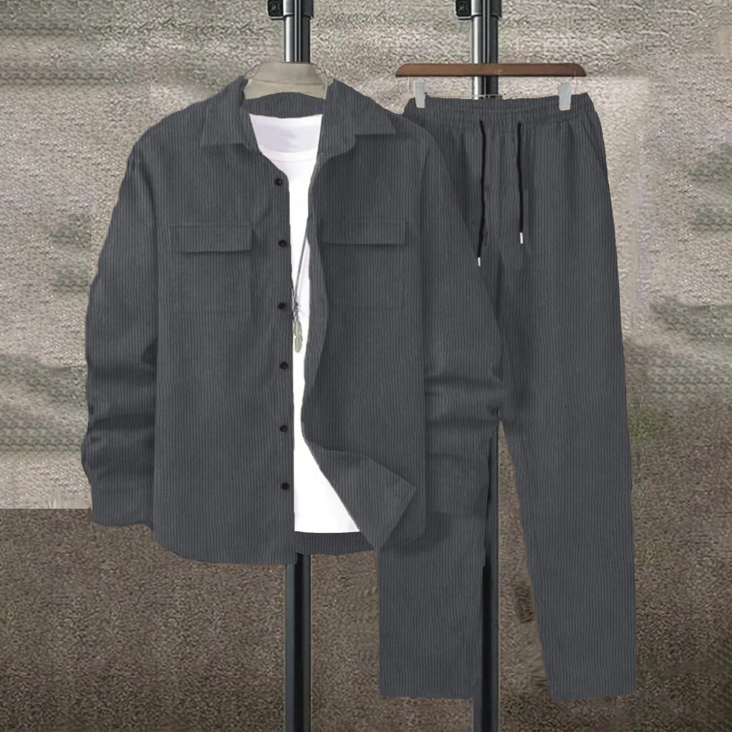 Men's solid color corduroy suit by Ansoff, featuring a long sleeve shirt and matching casual pants, displayed on a hanger.