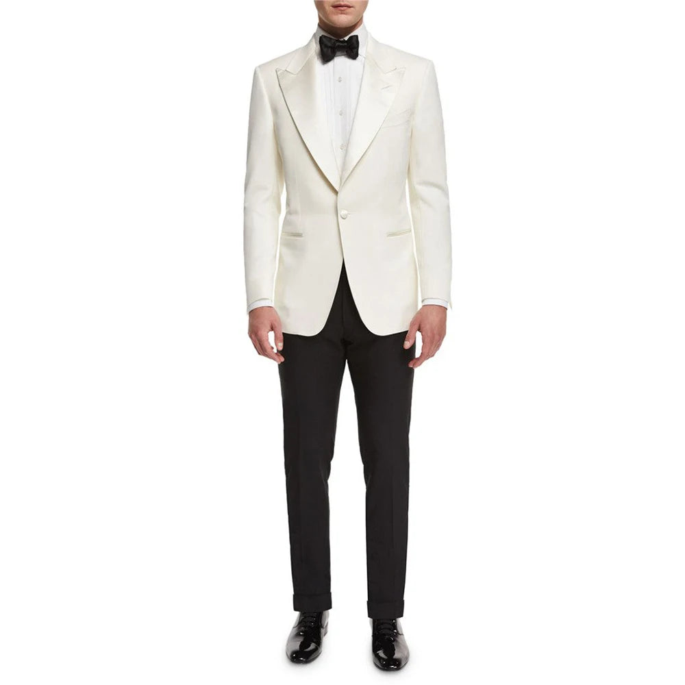 Men's black 2-piece suit by Ansoff with one-button peak lapel, ideal for parties, dinners, or formal events, shown on a mannequin.