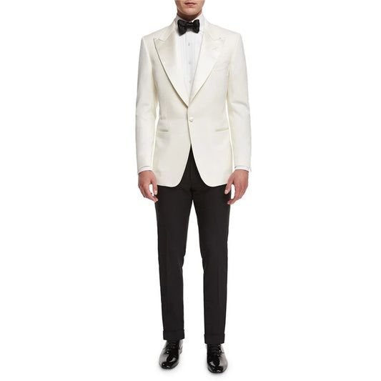 Men's black 2-piece suit by Ansoff with one-button peak lapel, ideal for parties, dinners, or formal events, shown on a mannequin.