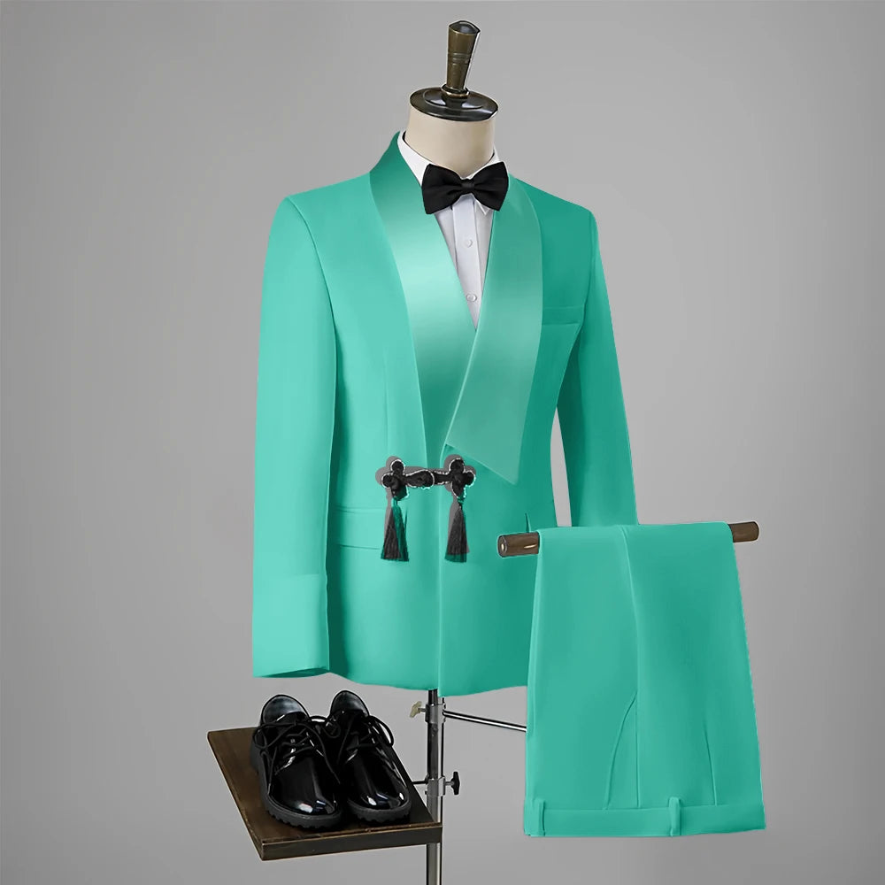 Ansoff men's slim fit wedding tuxedo with blazer and pants featuring a tassel lapel, one button, and disc screw thread details.