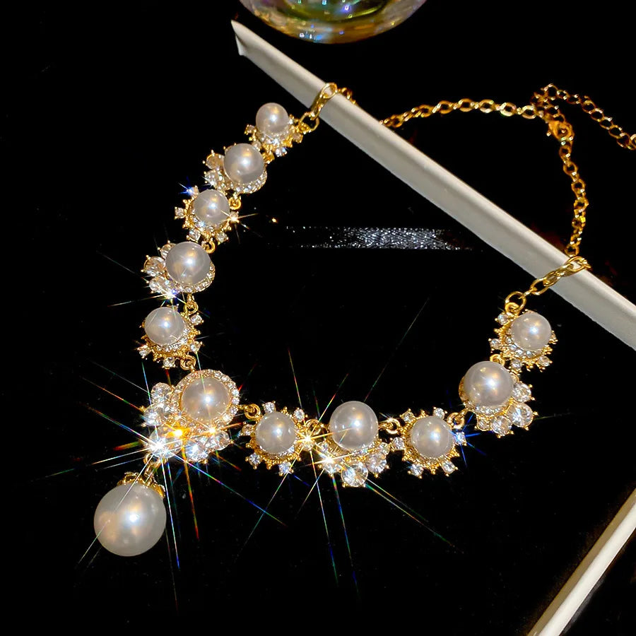 Imitation Pearl Pendant Earrings French Inlaid Shiny Rhinestones Pendnat Necklaces Elegant Woman for Wedding Party Jewelry Set K