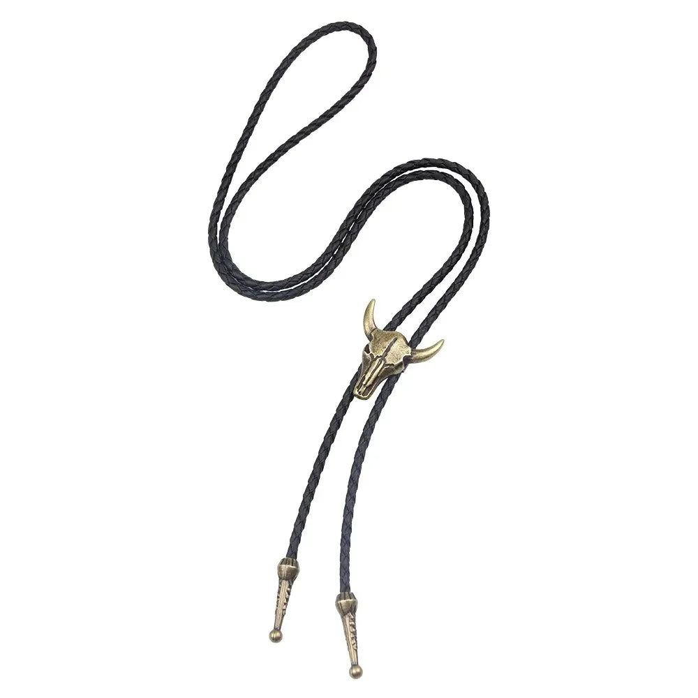 Adjustable cowboy bolo tie featuring a bull head pendant, faux leather neck strap, ideal for western rodeo dance attire.