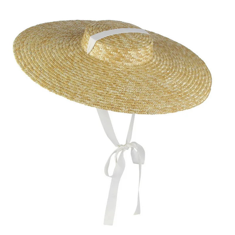 Summer Big Natural Straw Hats For Women Handmand Wide Brim Beach Visor Caps Elegant Flat Top Long Ribbon Lace-Up Sun Hat