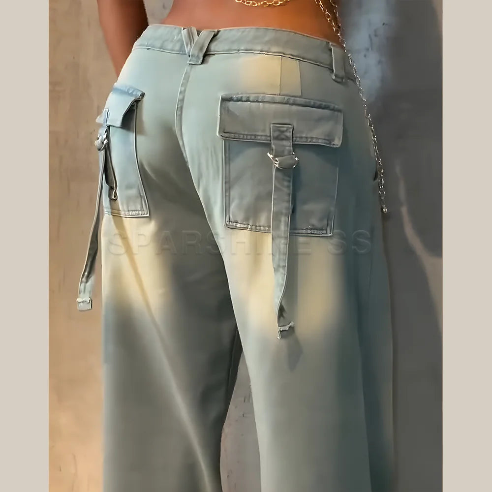 Ansoff women's straight jeans featuring vintage washed denim, mid waist, loose fit, wide leg style, long streetwear pants.