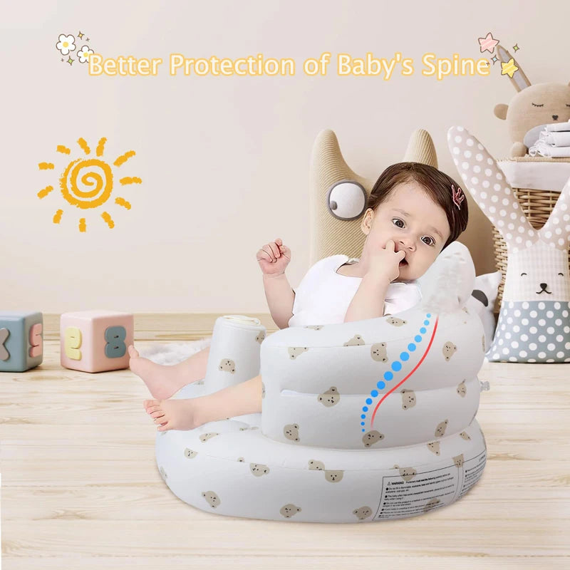 Inflatable baby sofa by Ansoff, designed for infants 3 months and up, with built-in air pump and soft, cushioned seat.