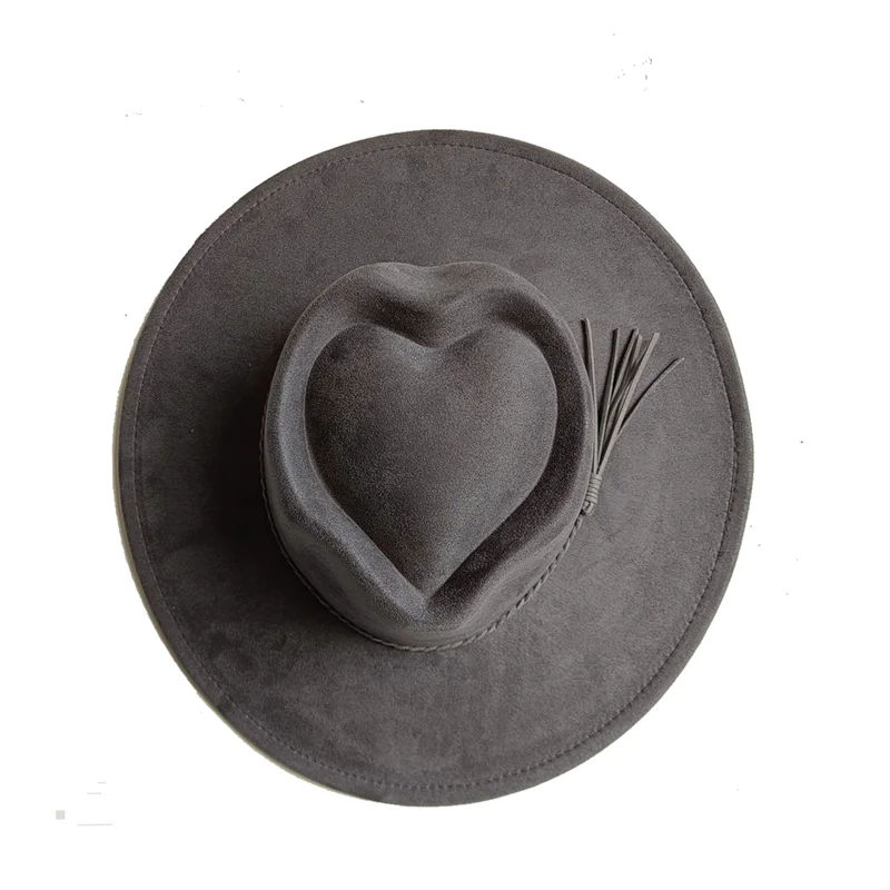 Dark turquoise suede fedora hat with heart and arrow design, suitable for men and women, ideal for autumn and winter fashion.