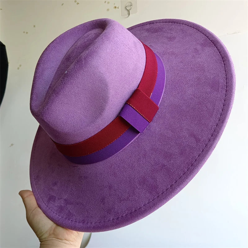 Colorblock ribbon suede felt hat with wide brim, suitable for women and men, in vibrant autumn and winter British style.