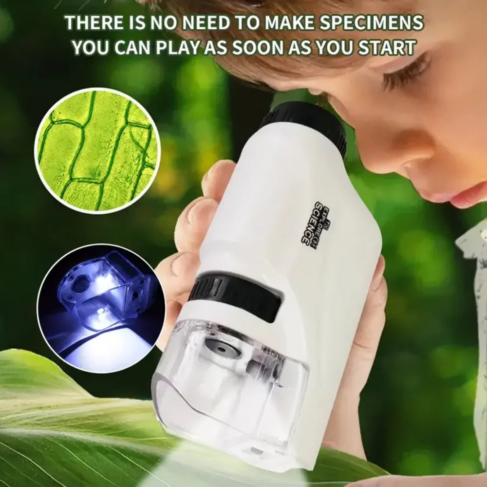 Ansoff handheld microscope with 60-120x zoom, LED light, battery powered, suitable for kids' science experiments.