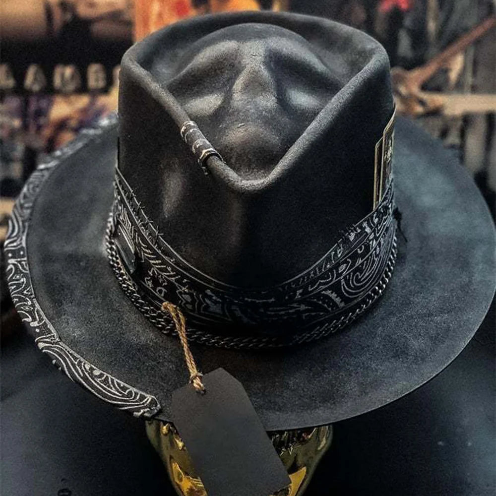 Black Gothic cowboy hat by Ansoff featuring skull decoration, spooky Halloween headwear perfect for festivals and costume parties.