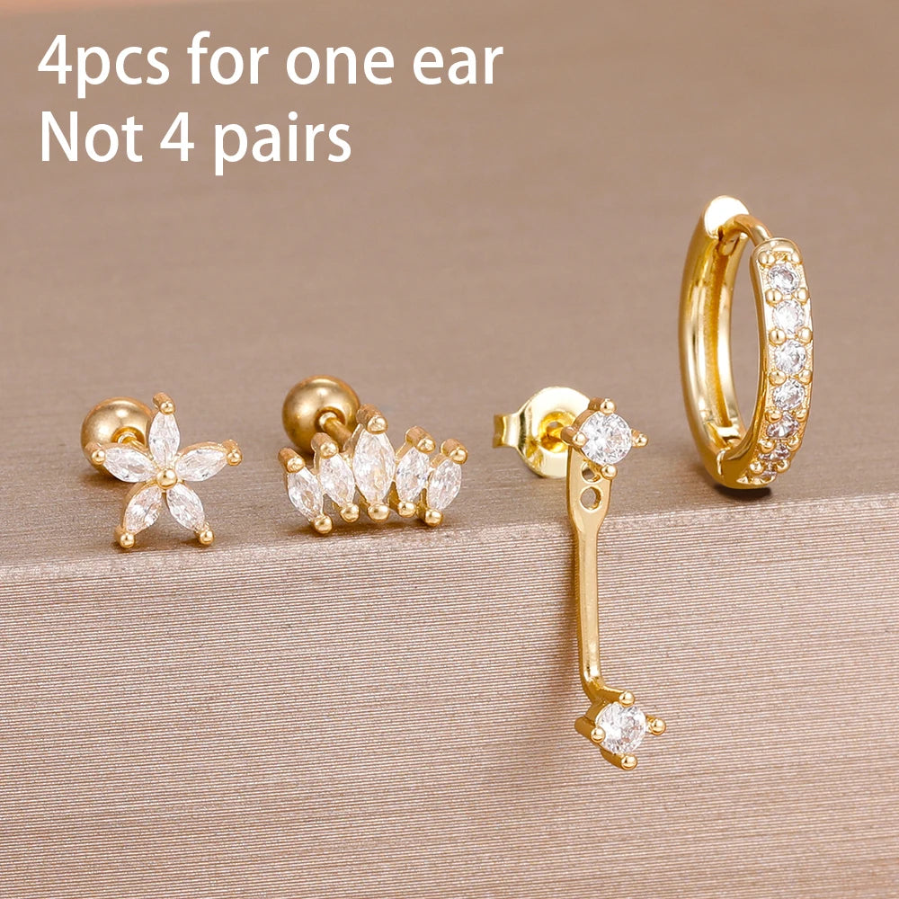 4PCS Stainless Steel Circle Huggie Hoop Earrings Set for Women Gold Color Unique Zircon Flower Stud Earring Piercing Jewelry
