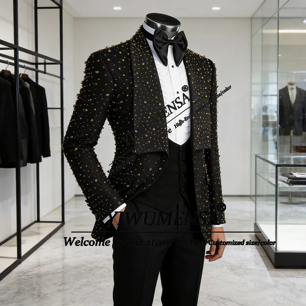 Ansoff men's 3-piece golden pearl tuxedo suit with jacket, vest, and pants, tailored for formal weddings and parties.