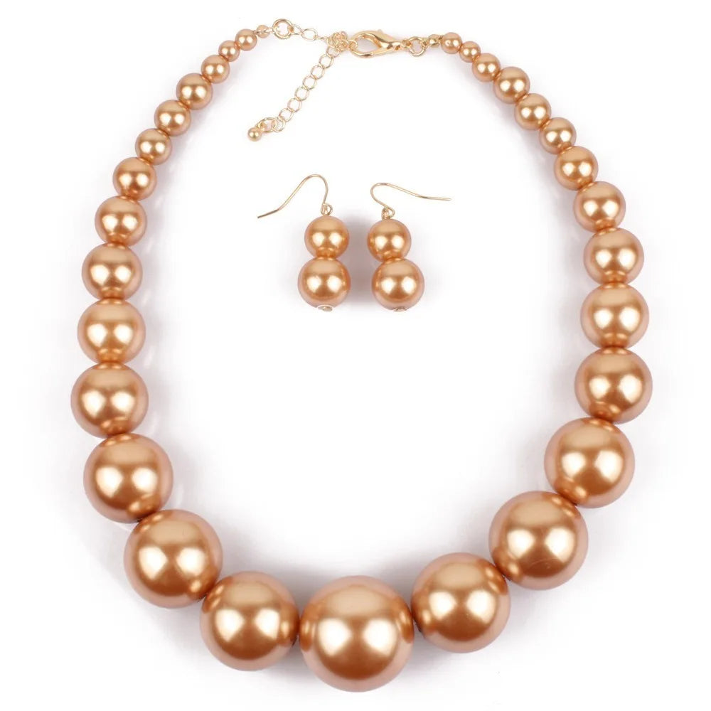 Fashion Elegant Large Pearl Necklace Set 42cm Length Round Big Ball Beads Chain Choker with Earrings Luxury Neck Jewelry Party