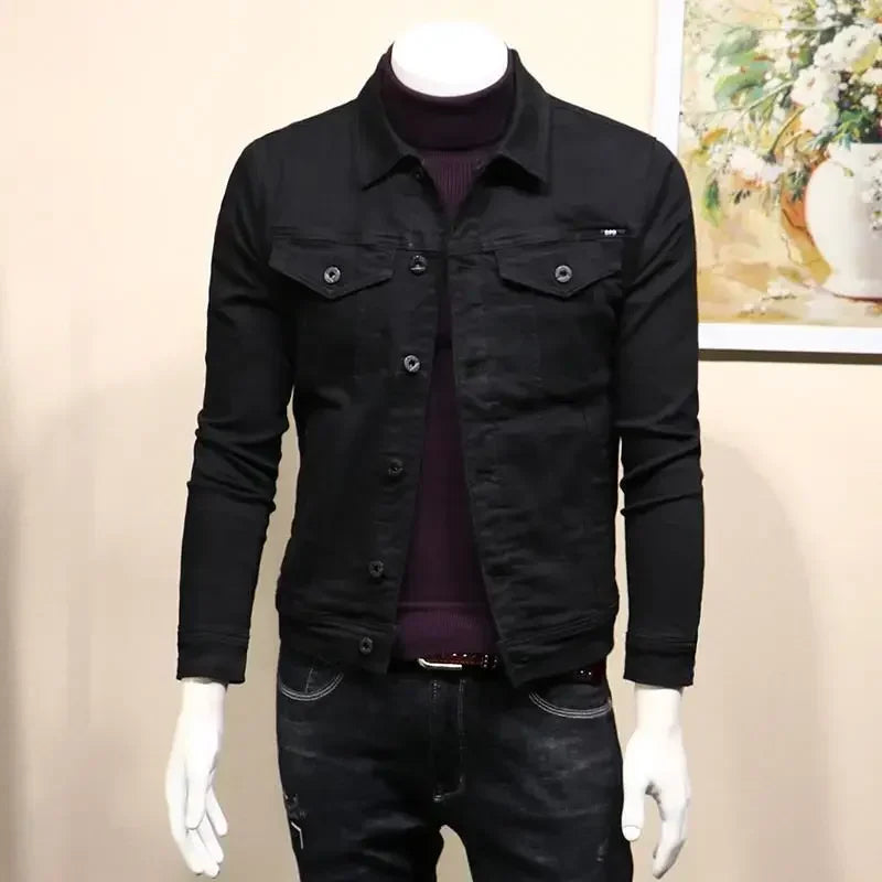 Black men's denim jacket by Ansoff, slim fit button-up coat with stylish design, perfect for autumn and winter wear.