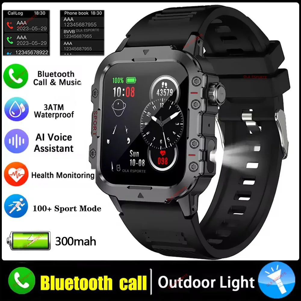 Ansoff 2026 rugged military smart watch with LED flashlight, 2.01-inch HD touch screen, Bluetooth call, outdoor design, men's smartwatch