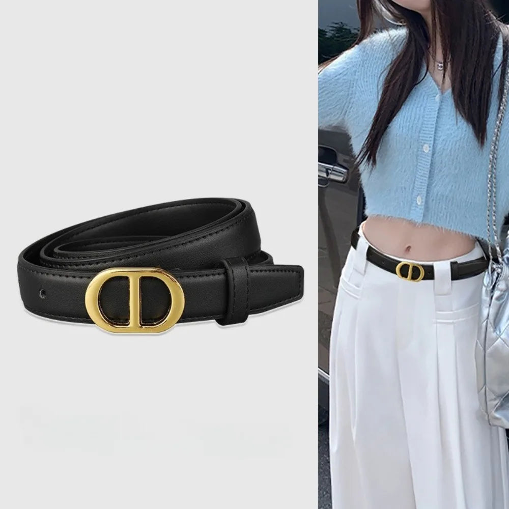 Black leather women's belt by Ansoff, simple and versatile fashion accessory, perfect for jeans and casual outfits.