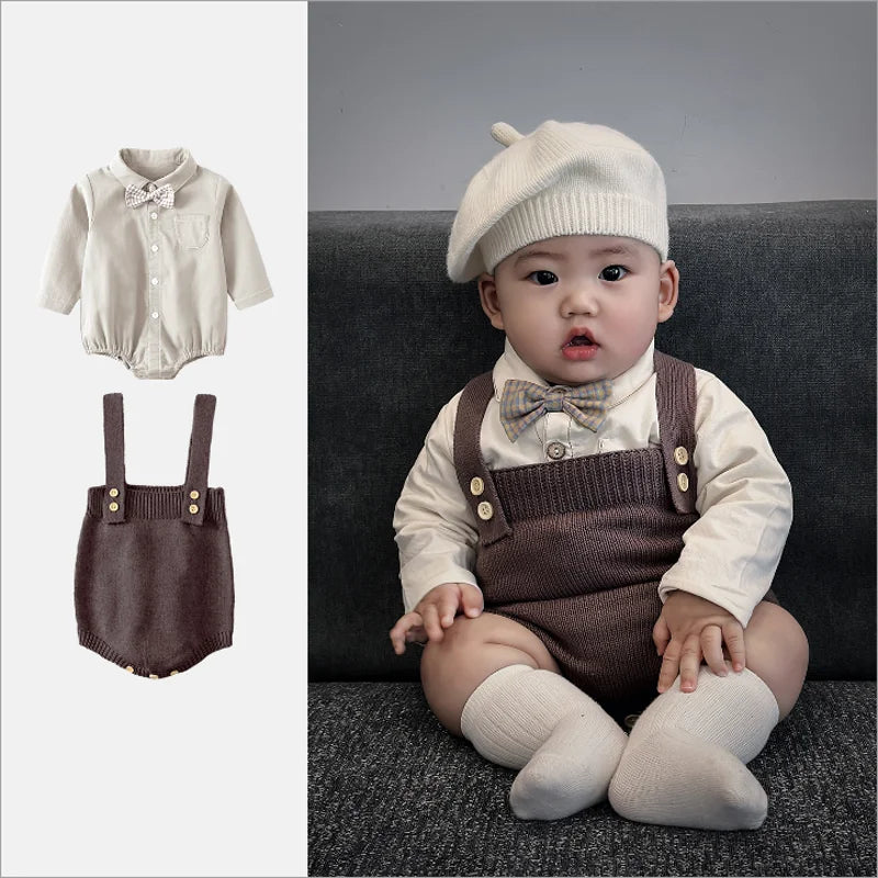 Newborn Baby Romper + Knitting Overalls + Hat + Socks 4pcs Clothing Set Spring Autumn Boy Infant Toddler Jumpsuit Clothes