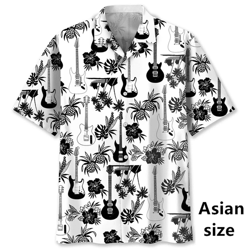 Men's Hawaiian shirt by Ansoff featuring 3D tropical plant and guitar print, casual beachwear, button-up style for vacation or trendy fashion.