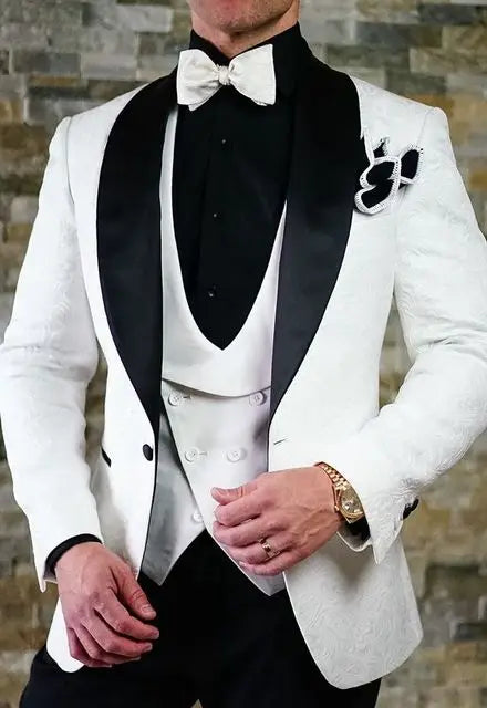 Men's black Italian design wedding tuxedo suit by Ansoff, featuring a custom 3-piece set with coat, vest, and pants.