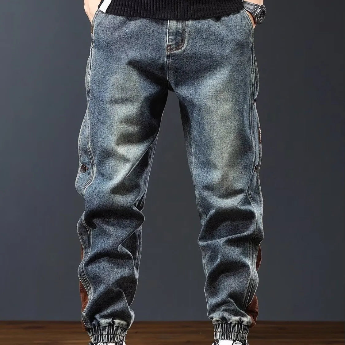 Men's rugged Ansoff workwear jeans in American style, perfect for autumn and winter, featuring a trendy, personalized design.