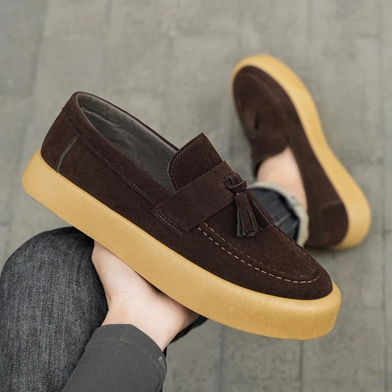 Men's casual suede loafers by Ansoff featuring a platform sole, slip-on design, British style, suitable for driving and everyday wear.