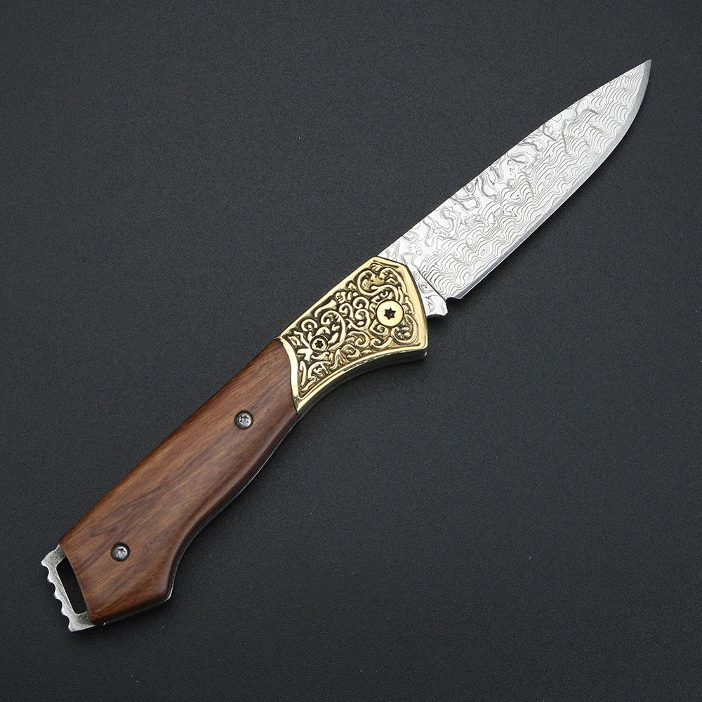 XUANTENG Brass Damascus steel folding knife, high hardness outdoor pocket knife, sharp fruit knife