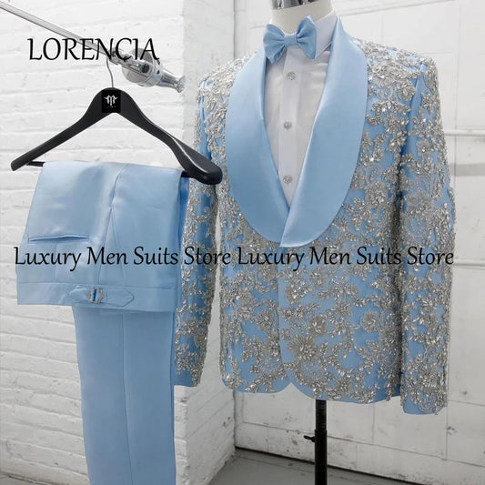 Luxury rhinestone men's suit by Ansoff, 2-piece tuxedo with blazer and pants, perfect for weddings and summer parties.