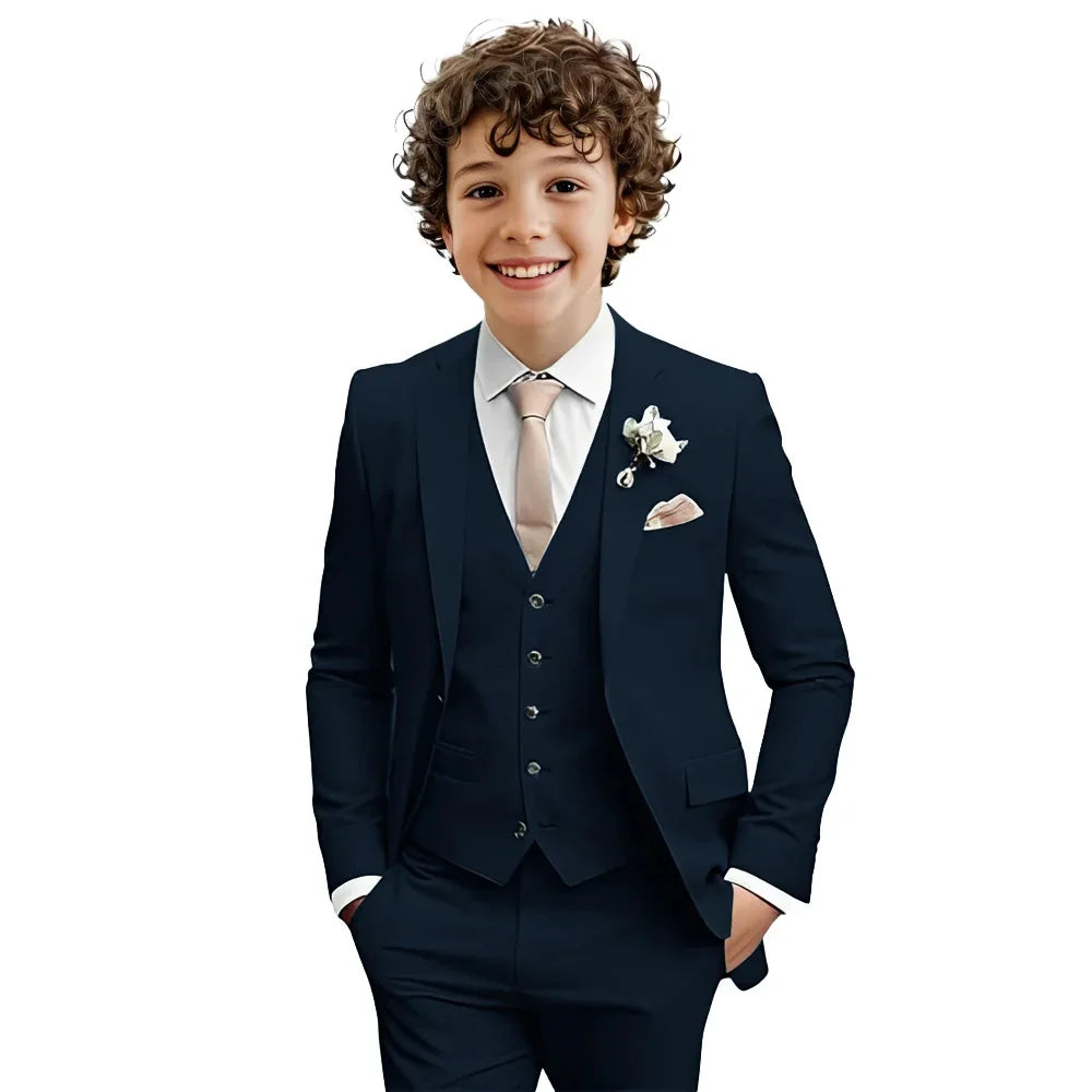 Multi-color boys' suit set by Ansoff, 3-piece formal tuxedo with notched lapel, slim fit, suitable for weddings and parties.
