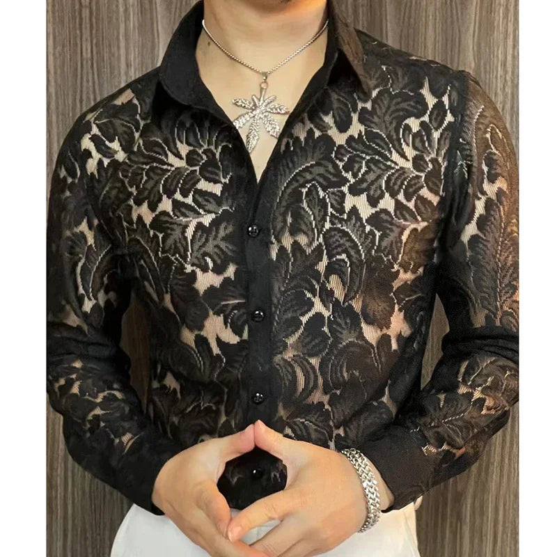 Men's slim fit spring transparent long-sleeve shirt by Ansoff, ideal for casual, social, or nightclub wear with a stylish, sexy look